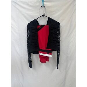 DK Active Womens Set Red Leggings Black Cropped Hoodie Fishnet Sleeves
